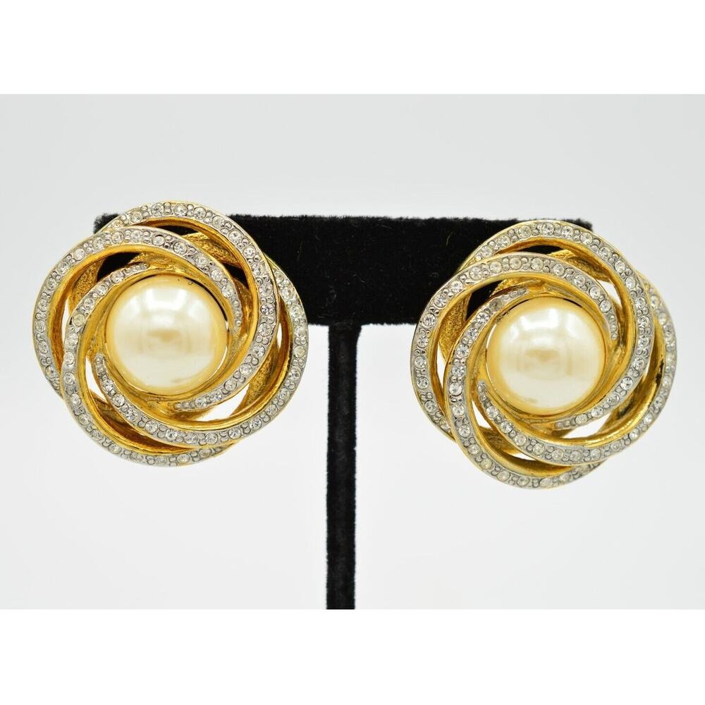 Les Bernard Vintage Clip On Earrings Rhinestone Crystal Pearl Chunky Signed BinU